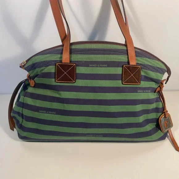 Dooney & Bourke Green Blue Striped Fabric Brown Leather Strap Large Tote Bag - Picture 2 of 10